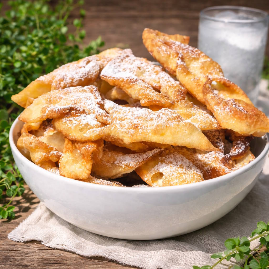 Faworki na piwie – kruche i złociste Usmażone faworki na piwie w misce posypane cukrem pudrem