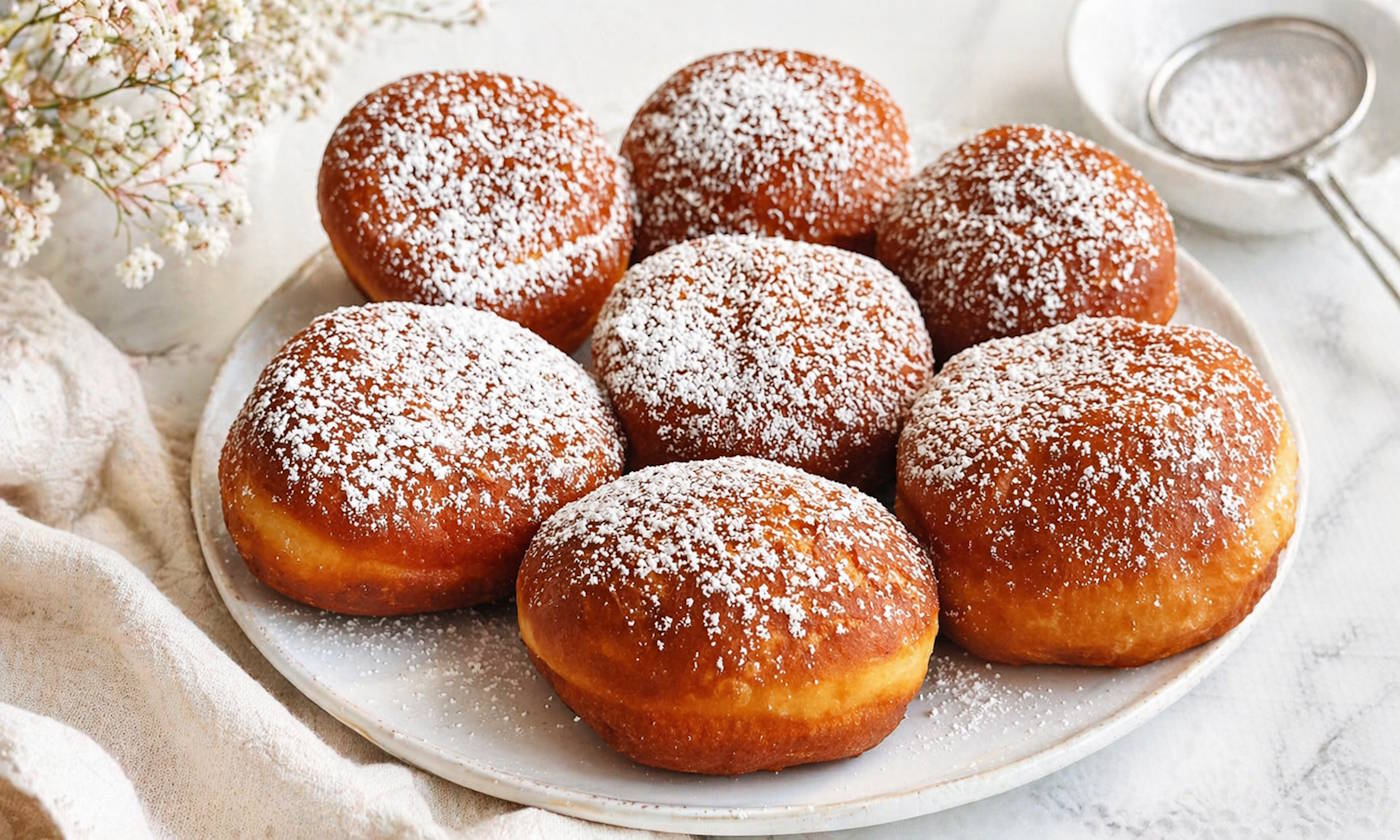Pączki oprószone cukrem pudrem – klasyczne wykończenie Złociste domowe pączki po usmażeniu